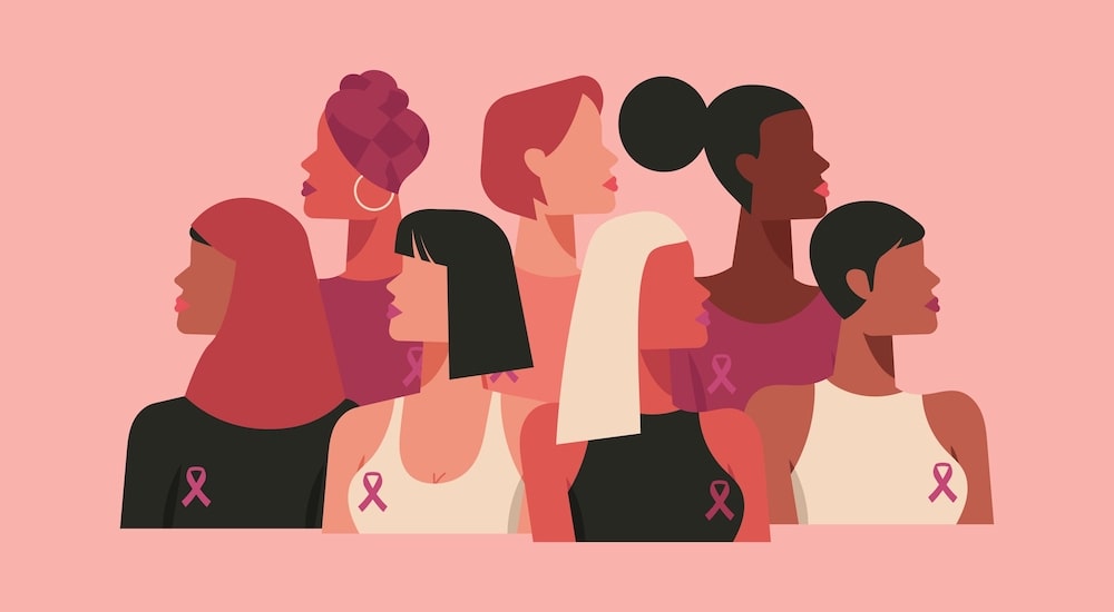 Vector illustration of women with breast cancer ribbons.